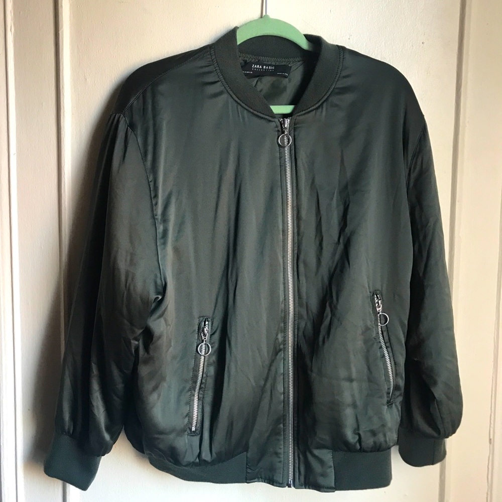Men Zara Basic Green Zip Up Bomber Jacket Sz M